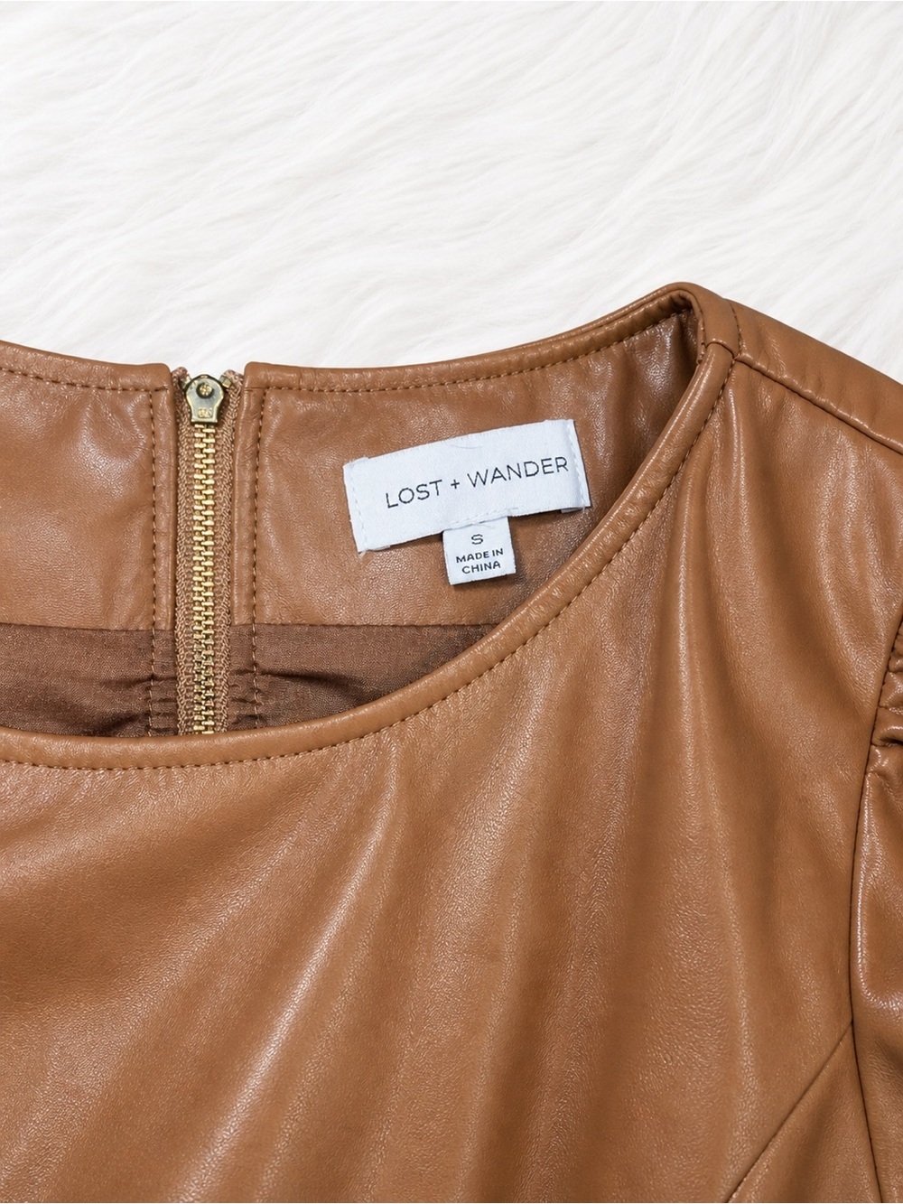 Lost + Wander Faux Leather Puff Sleeve Mini Dress Small Brown Belted - Picture 2 of 4